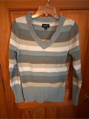 Sonoma Striped V-Neck Sweater in Sage, White, Taupe